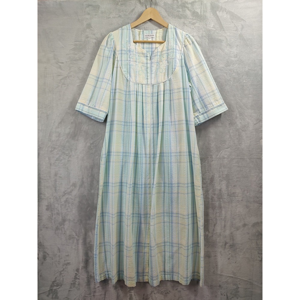 Miss Elaine Womens Plaid Seersucker Zip Front Robe Blue Yellow Green Size Medium